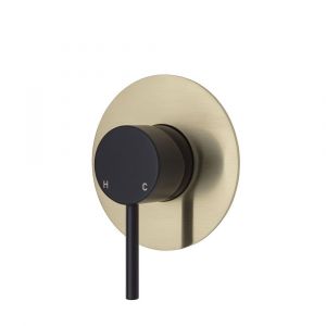 Kaya Wall Mixer, Large Round Plate, Matte Black and Urban Brass