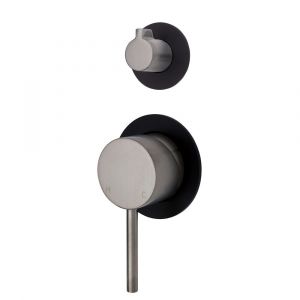 Kaya Wall Diverter Mixer, Small Round Plates, Brushed Nickel and Matte Black