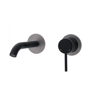 Kaya Wall Basin/Bath Mixer Set Round Plates, 160mm Outlet, Matte Black and Gun Metal