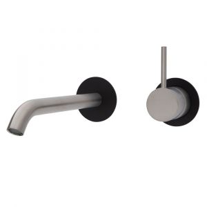 Kaya Up Wall Basin/Bath Mixer Set Round Plates, 200mm Outlet, Brushed Nickel and Matte Black