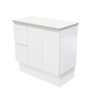 Fingerpull Satin White 900 Freestanding Cabinet on Kickboard, Left Hand Drawers