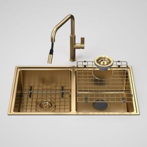 Urbane II Double Bowl Sink with Urbane II - Pull Out Sink Mixer - Brushed Brass