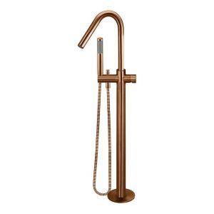 Round Freestanding Bath Spout and Hand Shower - Pinless Handle, Lustre Bronze