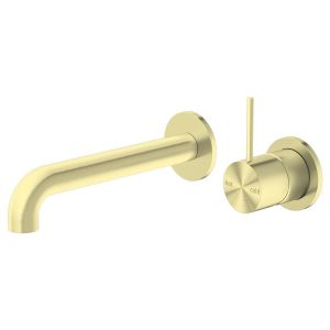 Mecca Wall Basin Mixer Separate Back Plate Handle Up 160mm Spout - Brushed Gold