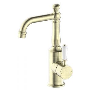 York Basin Mixer With White Porcelain Lever - Aged Brass