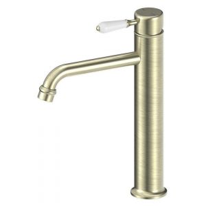 York Straight Tall Basin Mixer With White Porcelain Lever - Aged Brass