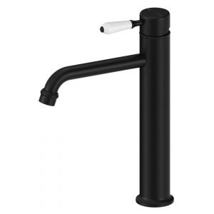 York Straight Tall Basin Mixer With White Porcelain Lever - Matte Black