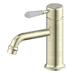 York Straight Basin Mixer With White Porcelain Lever - Aged Brass