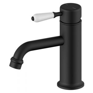 York Straight Basin Mixer With White Porcelain Lever - Matte Black