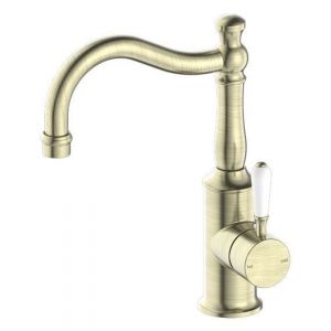 York Basin Mixer Hook Spout With White Porcelain Lever - Aged Brass
