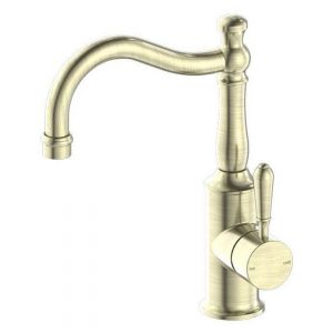 York Basin Mixer Hook Spout With Metal Lever - Aged Brass