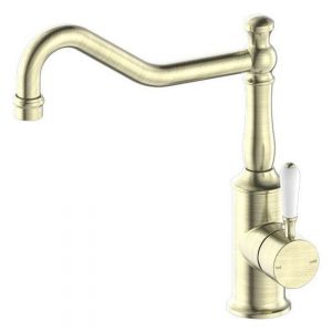 York Kitchen Mixer Hook Spout With White Porcelain Lever - Aged Brass
