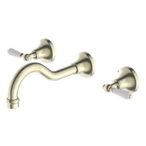 York Wall Basin Set With White Porcelain Lever - Aged Brass