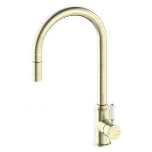 York Pull Out Sink Mixer With Vegie Spray Function With White Porcelain Lever - Aged Brass
