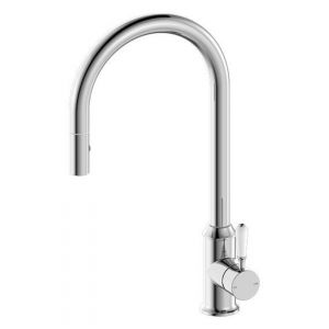 York Pull Out Sink Mixer With Vegie Spray Function With White Porcelain Lever - Chrome