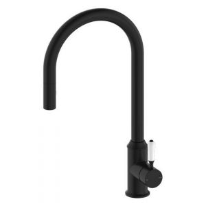 York Pull Out Sink Mixer With Vegie Spray Function With White Porcelain Lever - Matte Black