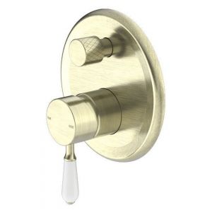 York Shower Mixer With Divertor With White Porcelain Lever - Aged Brass